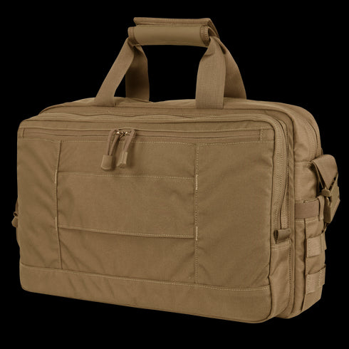 The Condor Elite Metropolis Briefcase by Condor is a tan tactical briefcase with multiple zippered compartments and sturdy handles, ideal for law enforcement or first responder professionals.